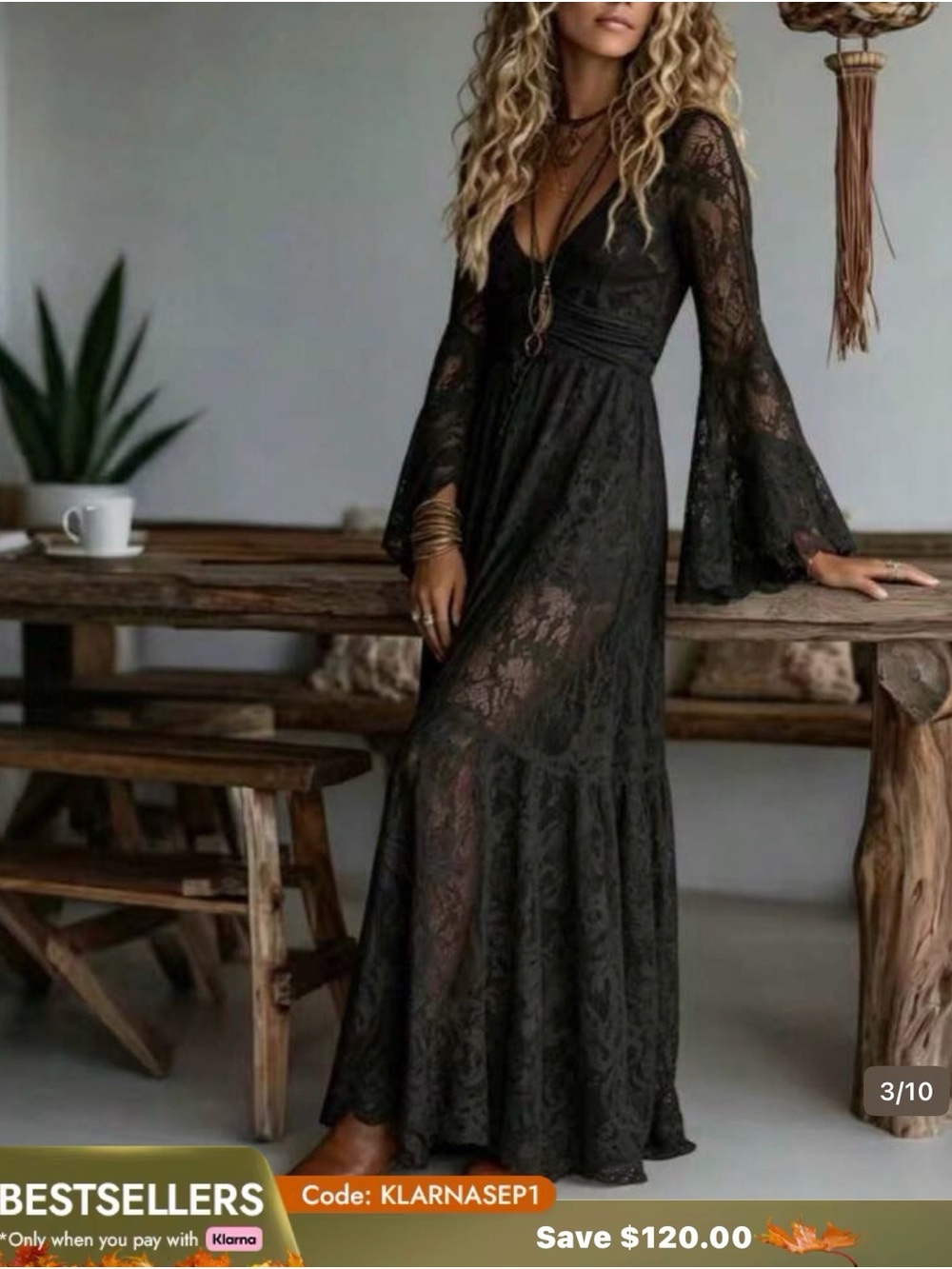 BOHO Costume Women's Black Lace Long Sleeve Maxi Dress - perfect for Halloween 👻 - Picture 3 of 8
